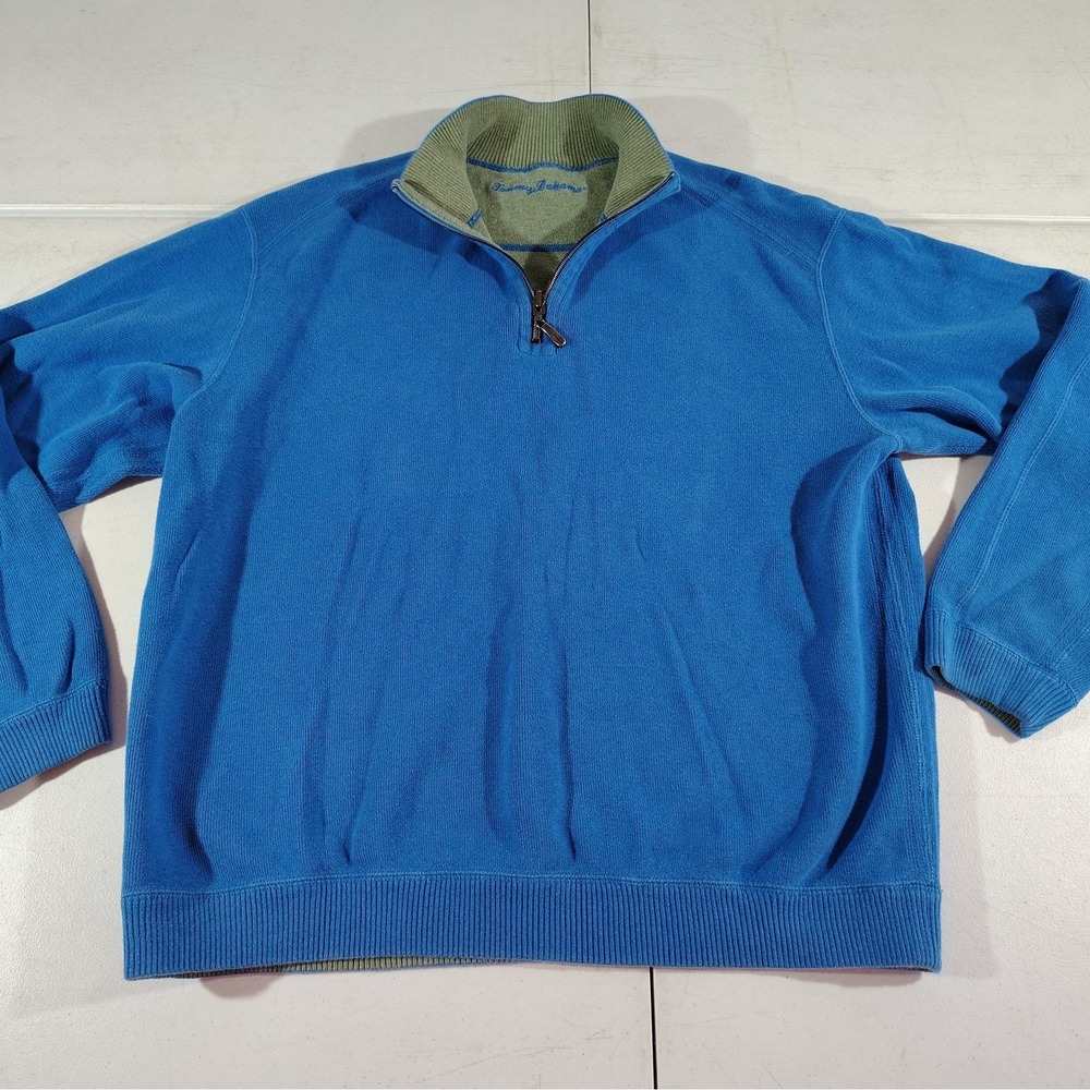 Tommy Bahama 1/4 Zip Pullover Sweater Men Blue Hiking Cotton Knit Mock Neck